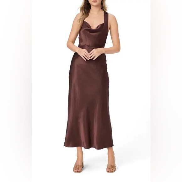 paige marcel midi dress PAIGE Marcel Dress - Rum Raisin Silk Satin